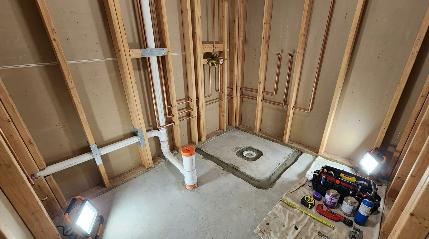Bathroom rough-in plumbing during remodel by Johns Plumbing LLC in Woburn