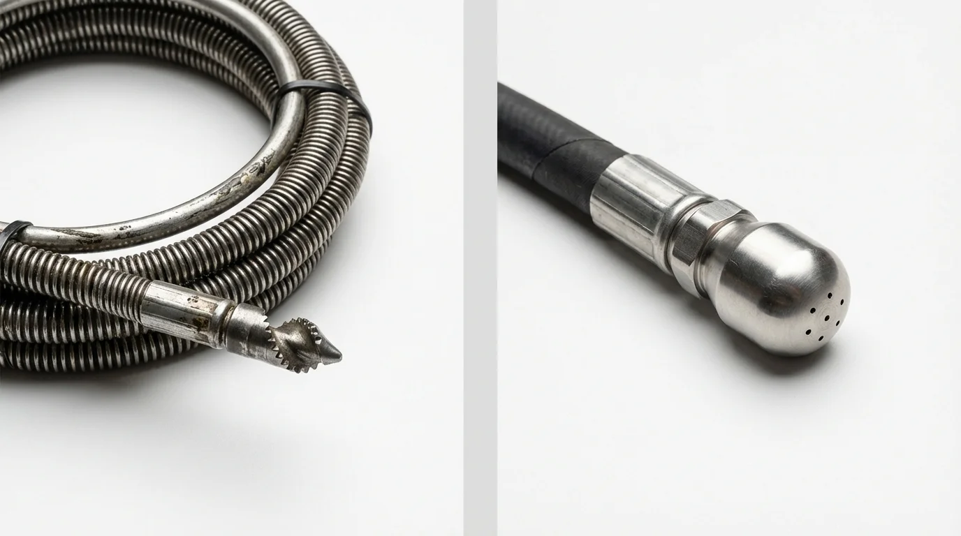 Drain snake cable and hydro jetting nozzle used for drain cleaning in Woburn, MA