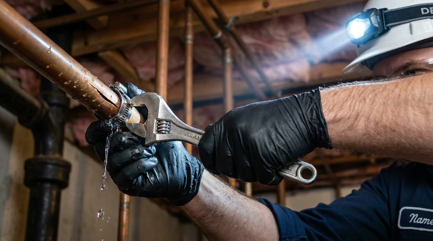 Emergency pipe clamp repair being performed by a Johns Plumbing LLC plumber in Woburn