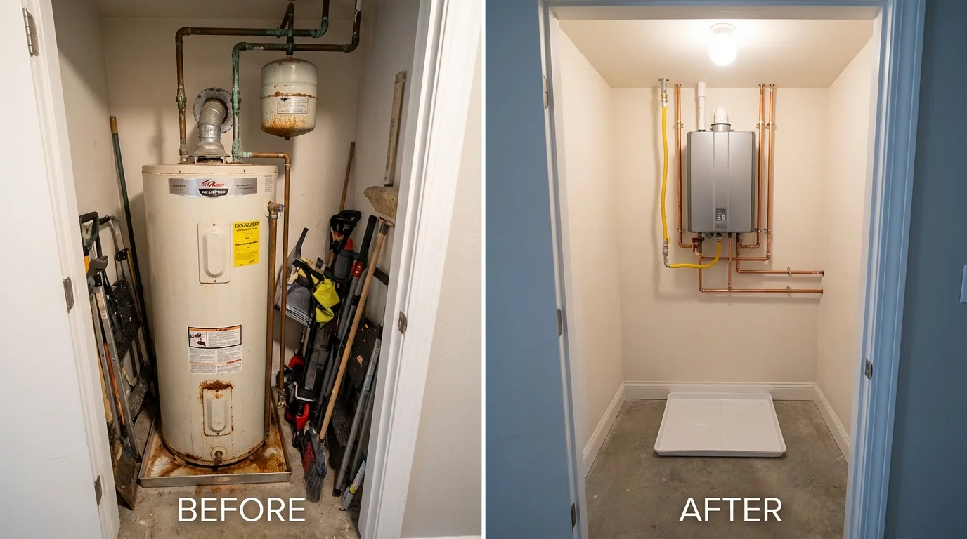 Tank water heater versus wall-mounted tankless unit comparison for Woburn, MA homeowners