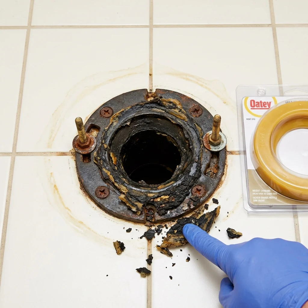 Failed wax ring showing water seepage at the base of a toilet in a Woburn, MA home