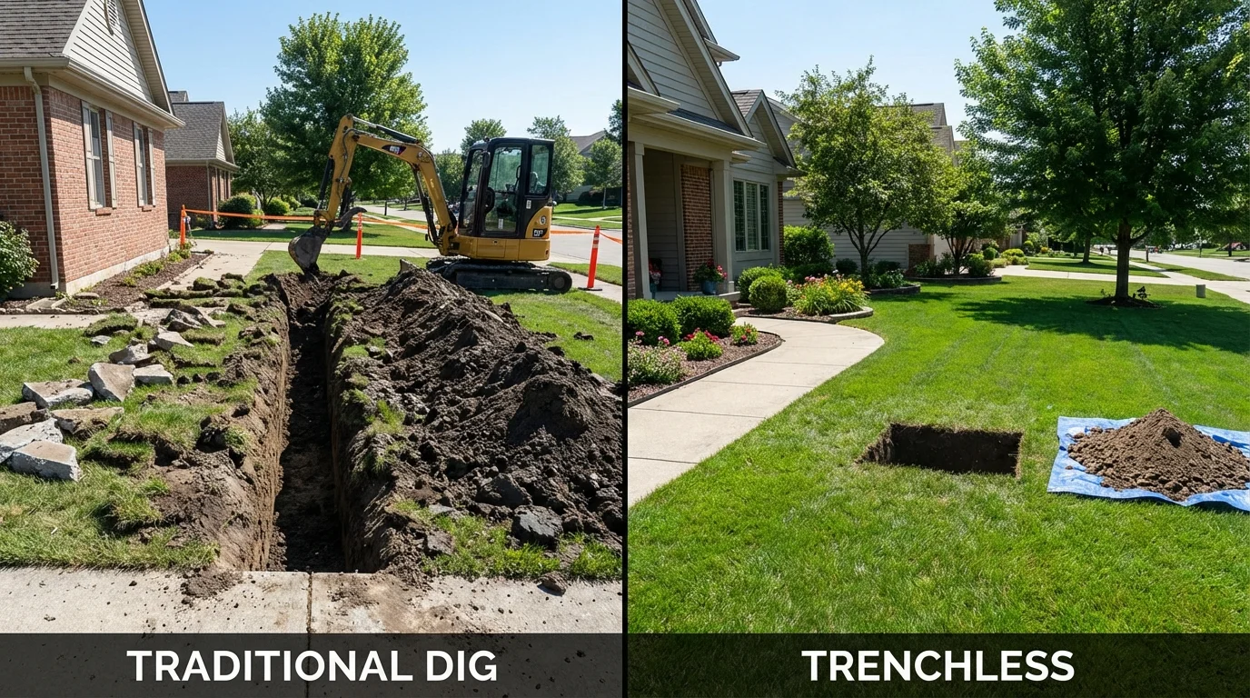 Trenchless sewer repair with minimal yard damage versus traditional excavation in Woburn, MA